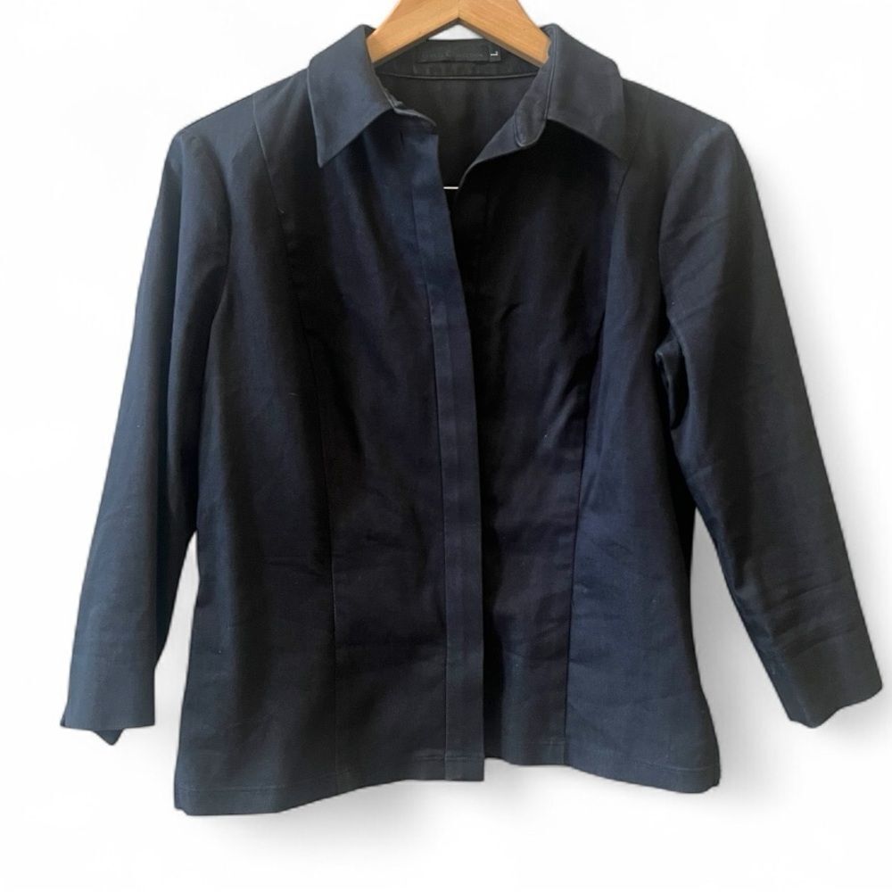 Guess Collection Flat Front Denim Shirt/Shacket Sz L 3/4 Sleeves Black Vtg USA